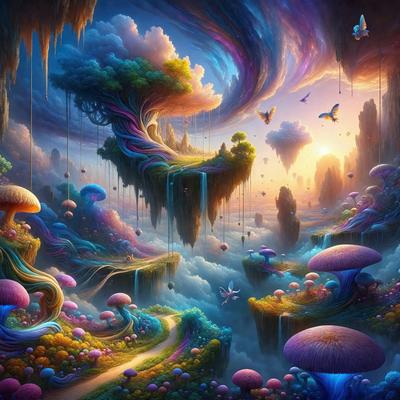 The primary subject of the image is a vibrant and colorful landscape featuring a variety of mushrooms, trees, and other elements. The setting is a fantasy world with a mix of natural and artificial elements. The visual style is a digital art or illustration, showcasing a creative and imaginative atmosphere. The colors and mood are lively and whimsical, with a strong emphasis on the vivid and diverse colors of the mushrooms and other elements in the scene.